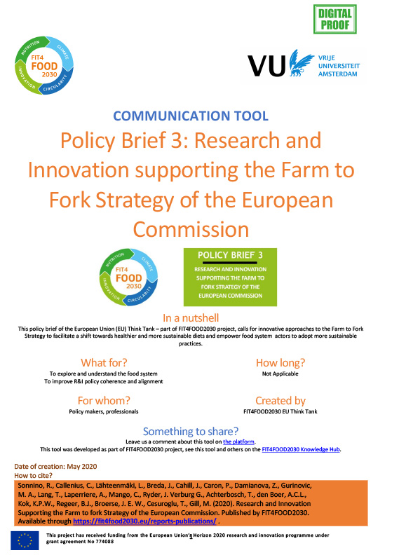 Policy brief #3 Research and Innovation Supporting the Farm to Fork Strategy of the European Commission
